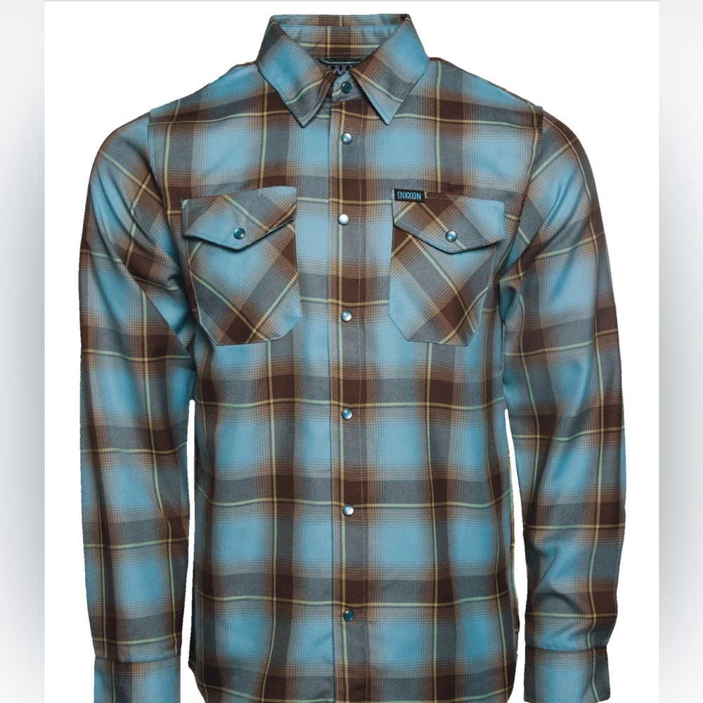 DIXXON *13th Street* button-up teal & brown long-sleeve plaid front pocket shirt